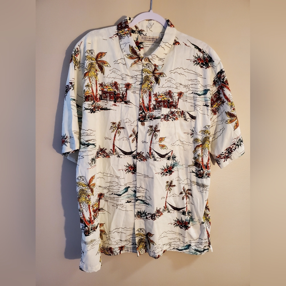 Island Republic Cream Island Palm Print Casual Button Down Shirt Size XL